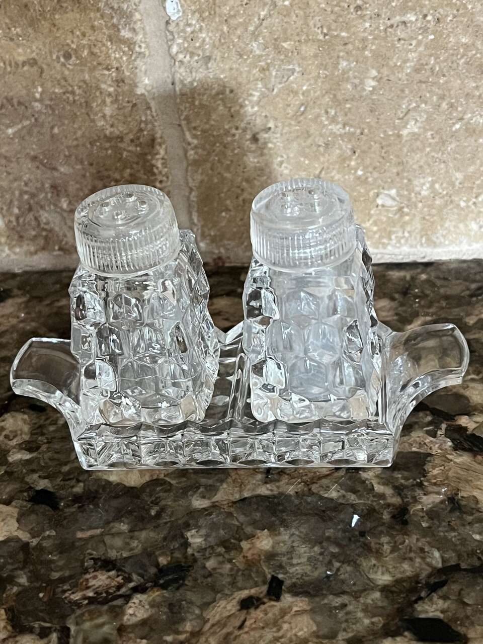 Vintage Miniature Cut Crystal Salt & Pepper Shakers with Tray