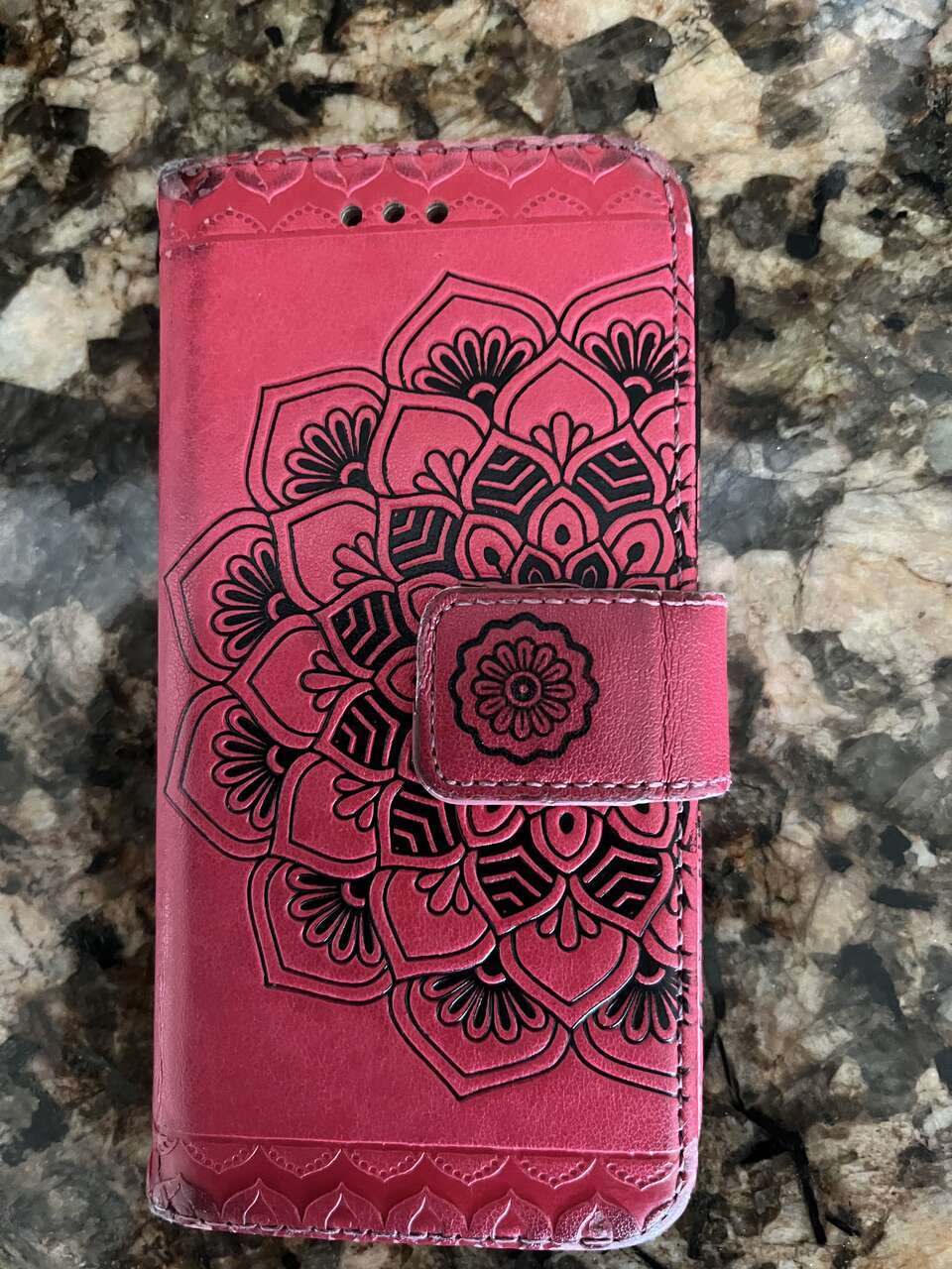 iPhone 7 Leather Case with Card Holder, Flower Design with Magnetic Clasp, Red