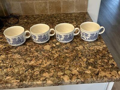FOUR Soup mugs with porcelain blue design