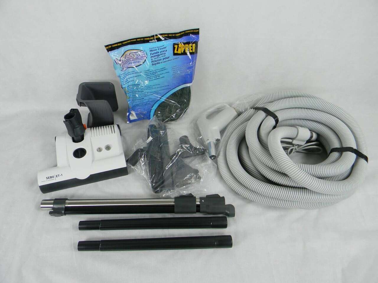 Central Vacuum Hose Accessory kit featuring Sebo carpet power and bare floor nozzle