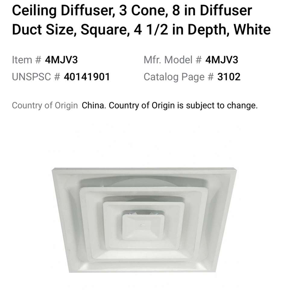 60% OFF RETAIL! BRAND NEW IN BOX 3-Cone Ceiling Diffuser For 8" Supply