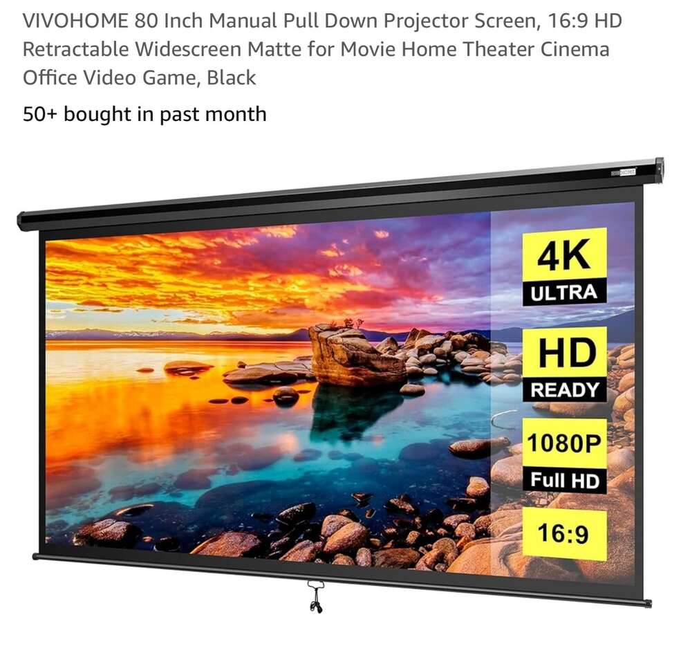 35% LESS THAN AMAZON! BRAND NEW IN BOX- VIVOHOME VH828-BK 80“ Retractable 4K Ultra, HD Ready, 1080P 16:9 Projection Screen