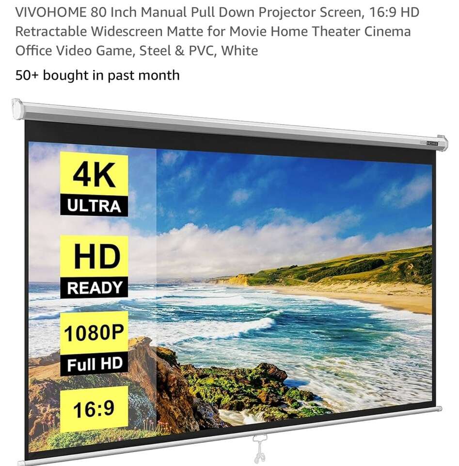 35% LESS THAN AMAZON! BRAND NEW IN BOX- VIVOHOME VH828 80” Retractable 4K Ultra, HD Ready, 1080P, 16:9 Projection Screen