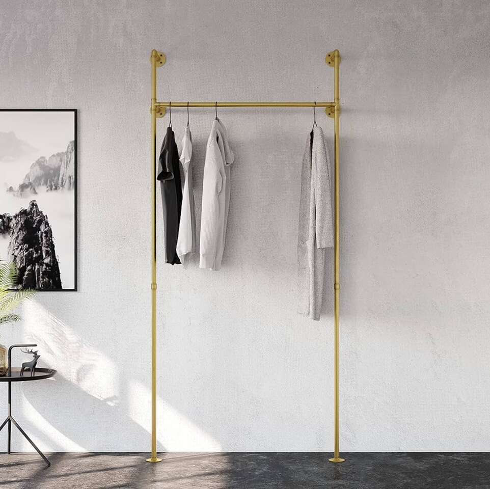 $40 LESS THAN AMAZON! BRAND NEW IN BOX- Wall/Floor Mounted Gold Metal Industrial Pipe Clothing Rack/Closet Organizer