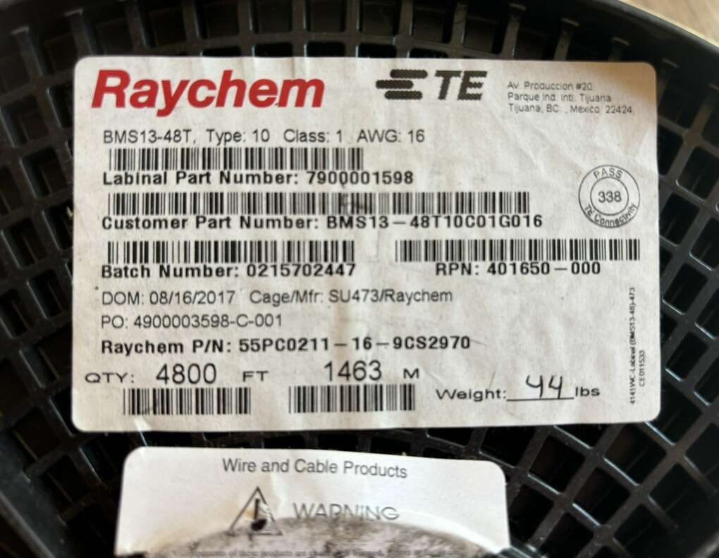 SAVE $189! BRAND NEW 4800’ Spool Of Raychem BMS13-48T Type 10, Class 1, AWG 16, 1-Conductor Wire