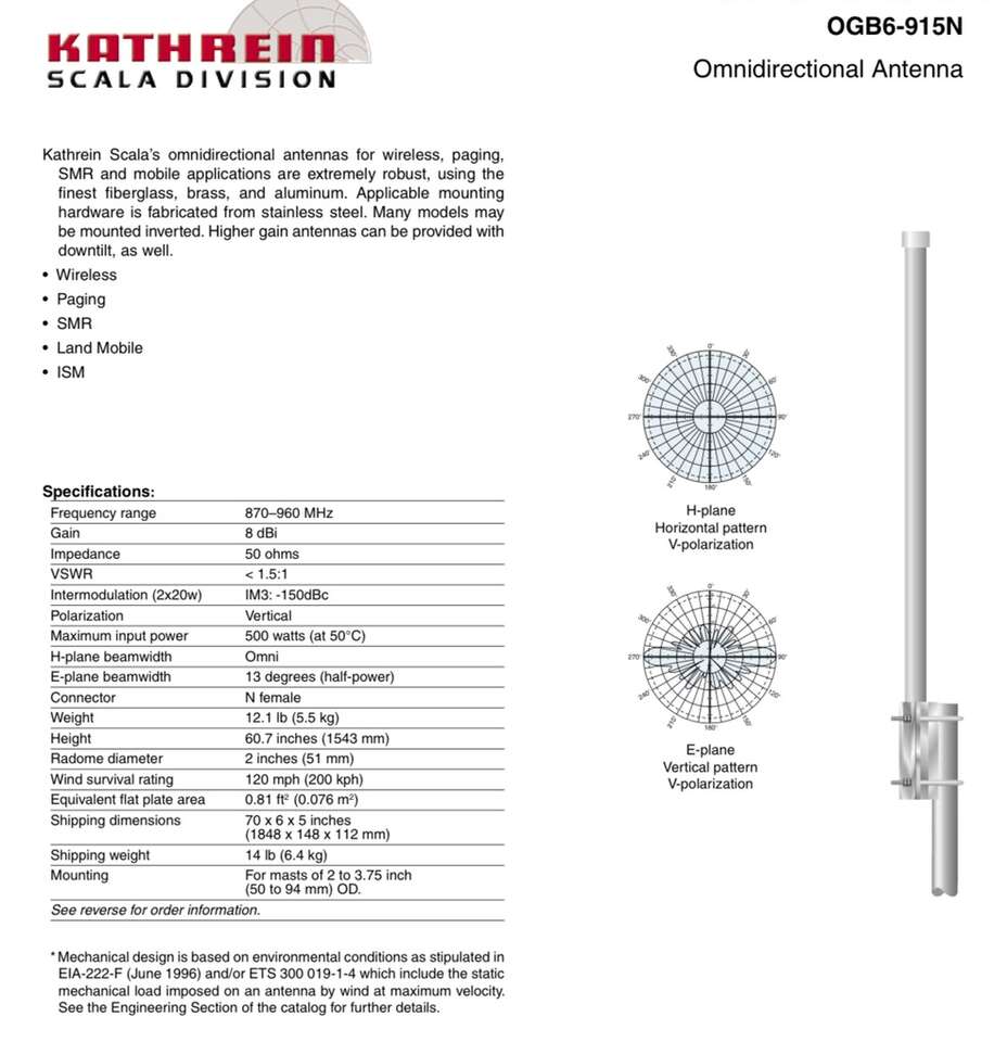 BRAND NEW! KATHREIN OGB6-915N Scala Fiberglass Collinear Omnidirectional Communications Antenna