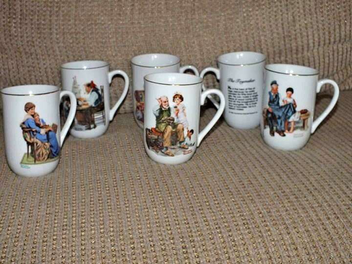 Vintage Norman Rockwell Classic 6 Mug Series w/ Pure 24 kt Gold