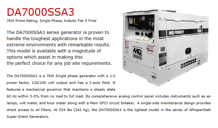 New DA 7000 watt skid generator Multiquip
