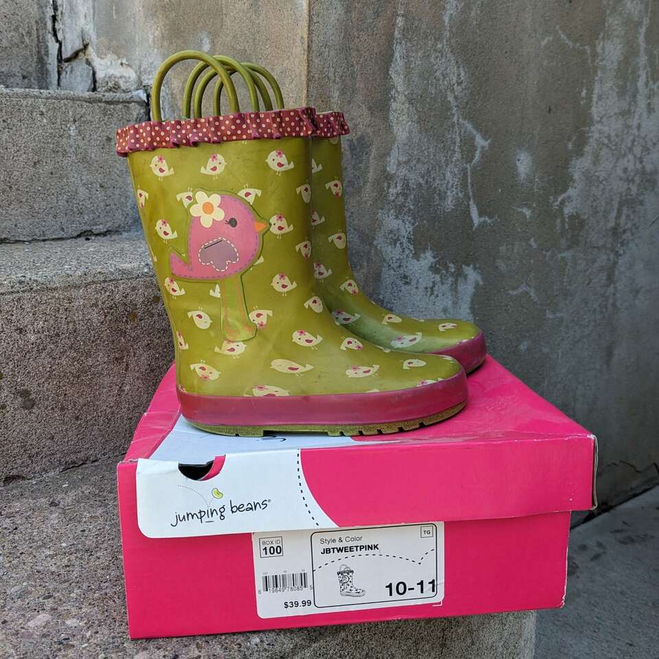 Green Pink Bird Rain Boots - kid size 10 - 11