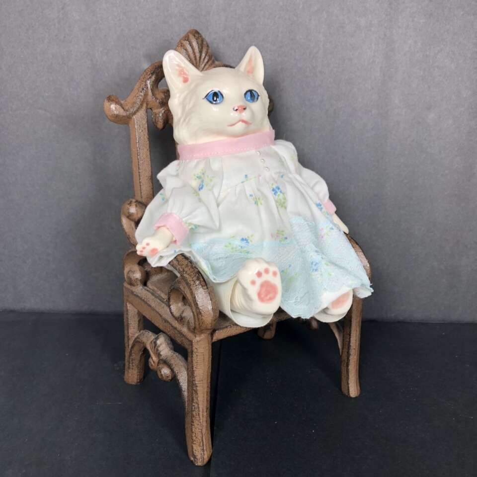Small White Ceramic Anthropomorphic CAT In A Dress