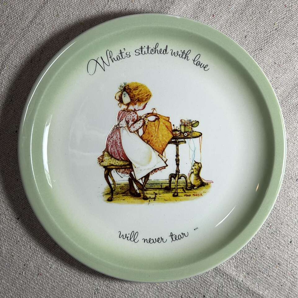 Sewing / Stitching Adage on VTG Holly Hobbie Plate