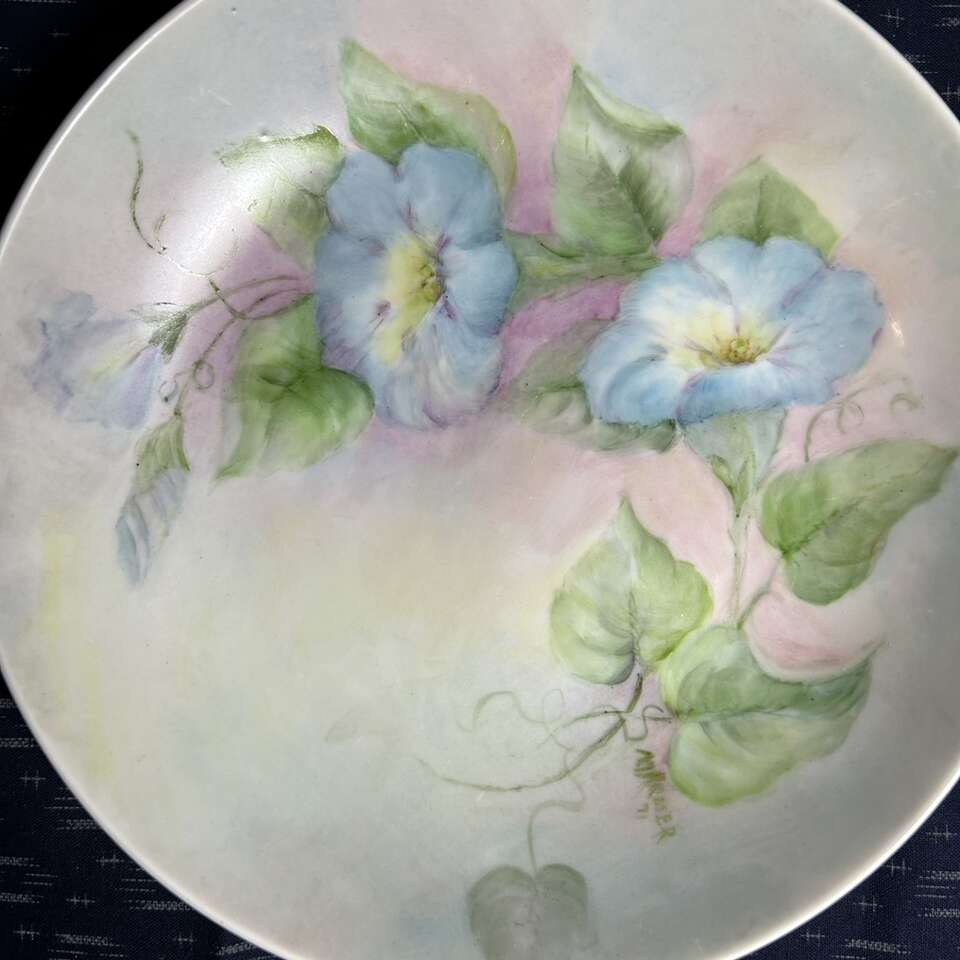 OOAK Hand-Painted Bowl Blue Morning Glories Signed