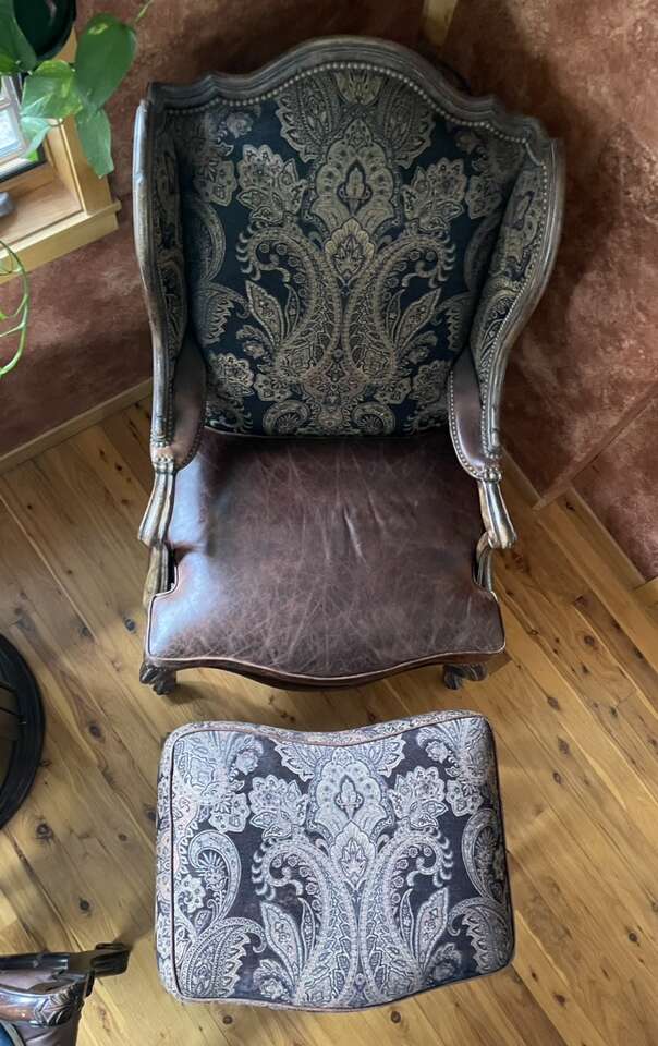 Elegant custom winged chair & ottoman from OHD, new, mint, was $5K