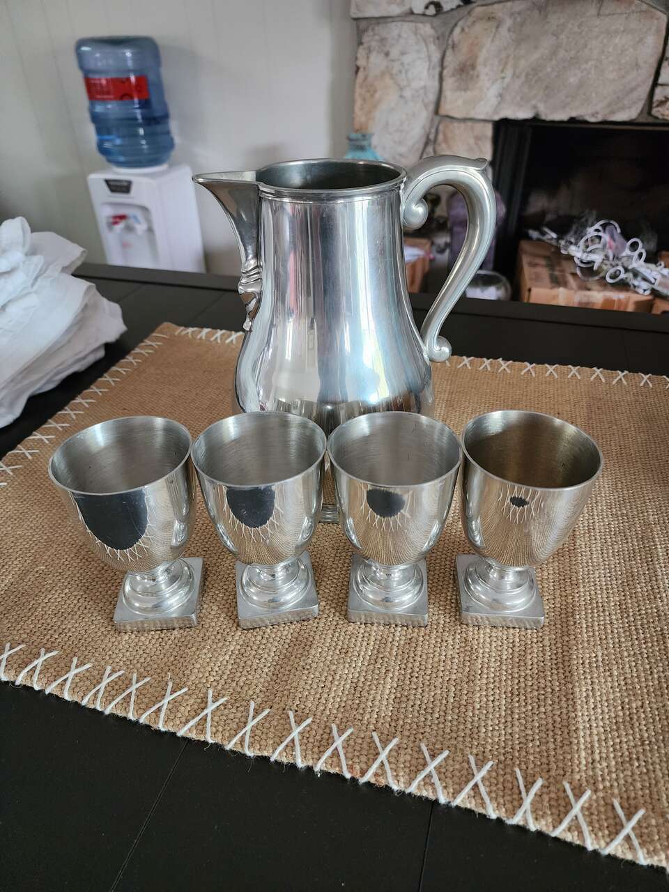 Old antique pewter set of pitcher and 4 goblets