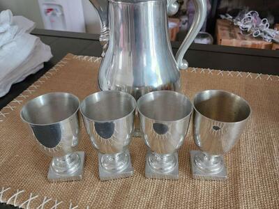 Old antique pewter set of pitcher and 4 goblets