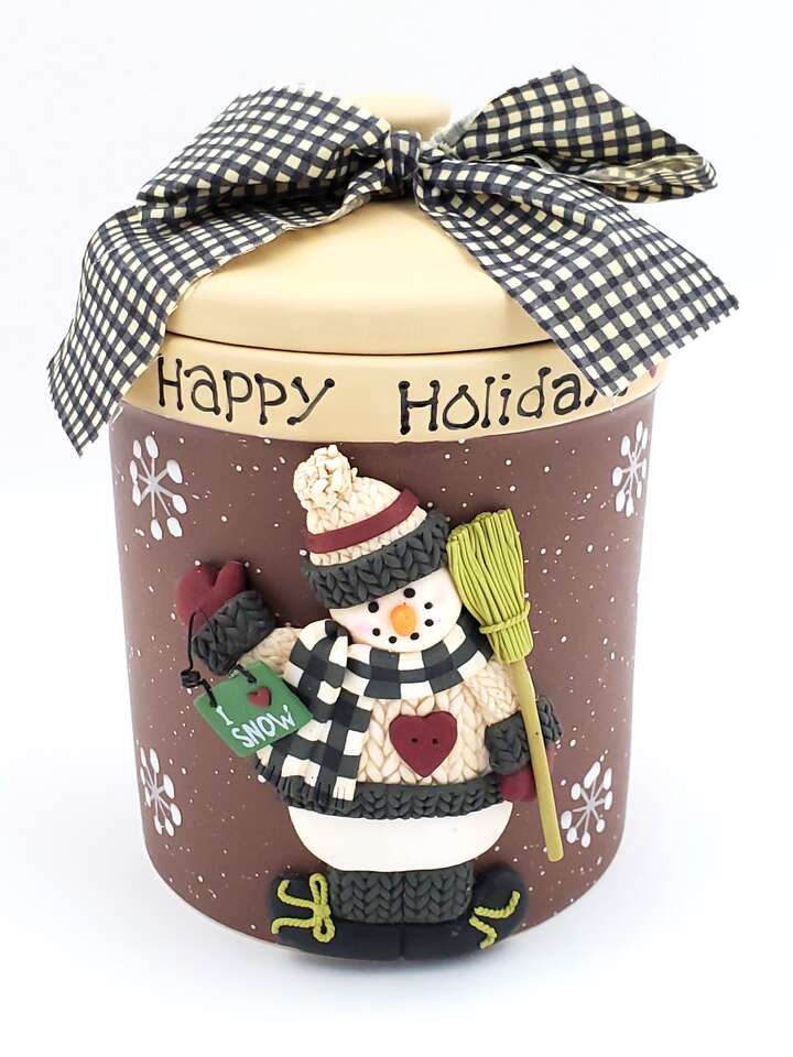 Vintage Porcelain “Happy Holidays” Snowman Goody Jar w/ Lid – NEW