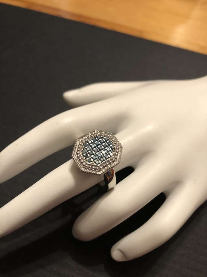 Blue Diamond Platinum Plated Sterling Silver Ring