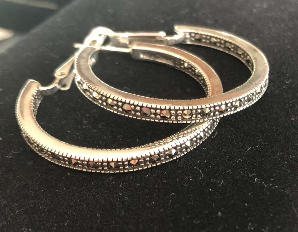 1.25 Inch Marcasite Studded Sterling Silver Hoops
