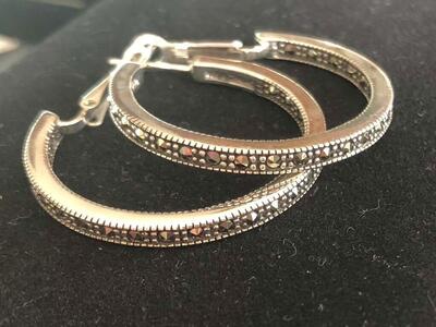 1.25 Inch Marcasite Studded Sterling Silver Hoops