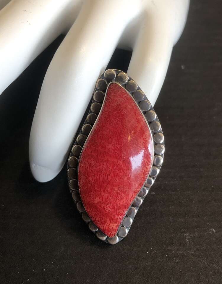 Dramatic Large Red Coral And Sterling Silver Ring