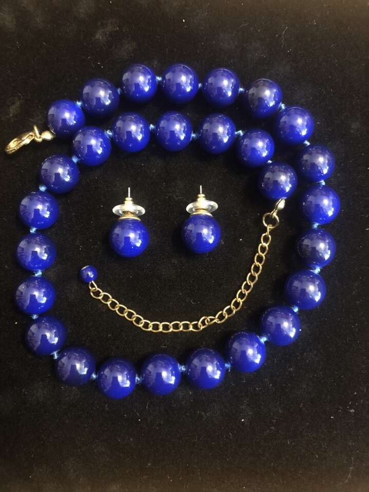 Large Glass Beads Navy Blue Necklace And Earrings