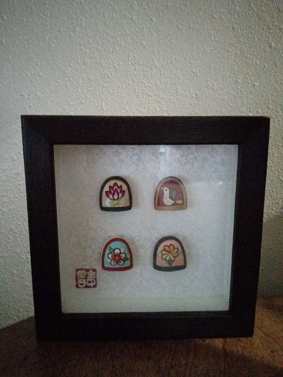 Art Vintage framed set of 4 Korean embroidery thimbles from south Korea