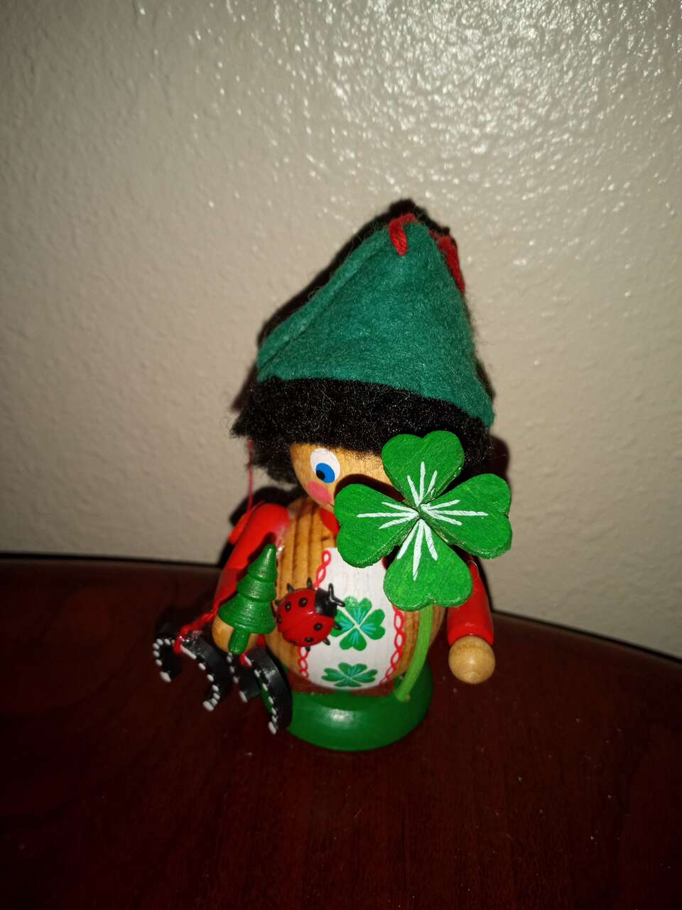 The luck of the Irish vintage Steinbach German wooden elf with shamrock hearts and ladybug and horse shoes