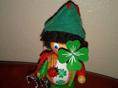 The luck of the Irish vintage Steinbach German wooden elf with shamrock hearts and ladybug and horse shoes