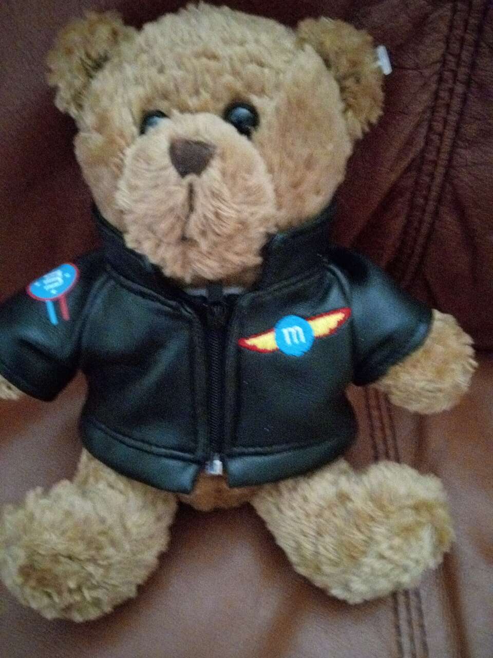 Plush stuffed Teddy bear with faux leather flight jacket