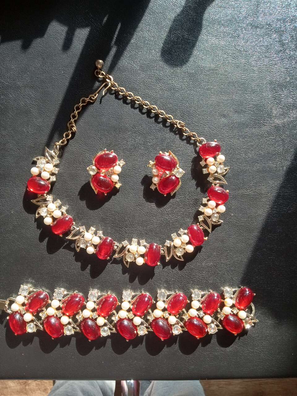 Vintage Karu arke cabochon red glass rhinestone and faux pearls necklace set earrings bracelet and necklace