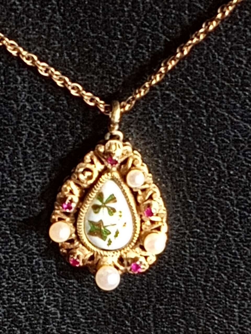 Antique Irish 18K Gold pearl ruby and shamrock necklace