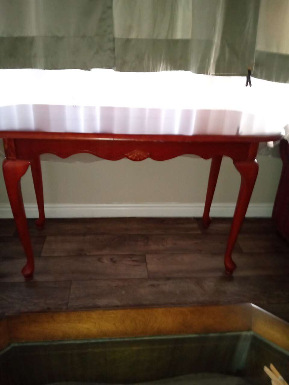 French provincial queen Anne style wood cherry or brick red console or side table