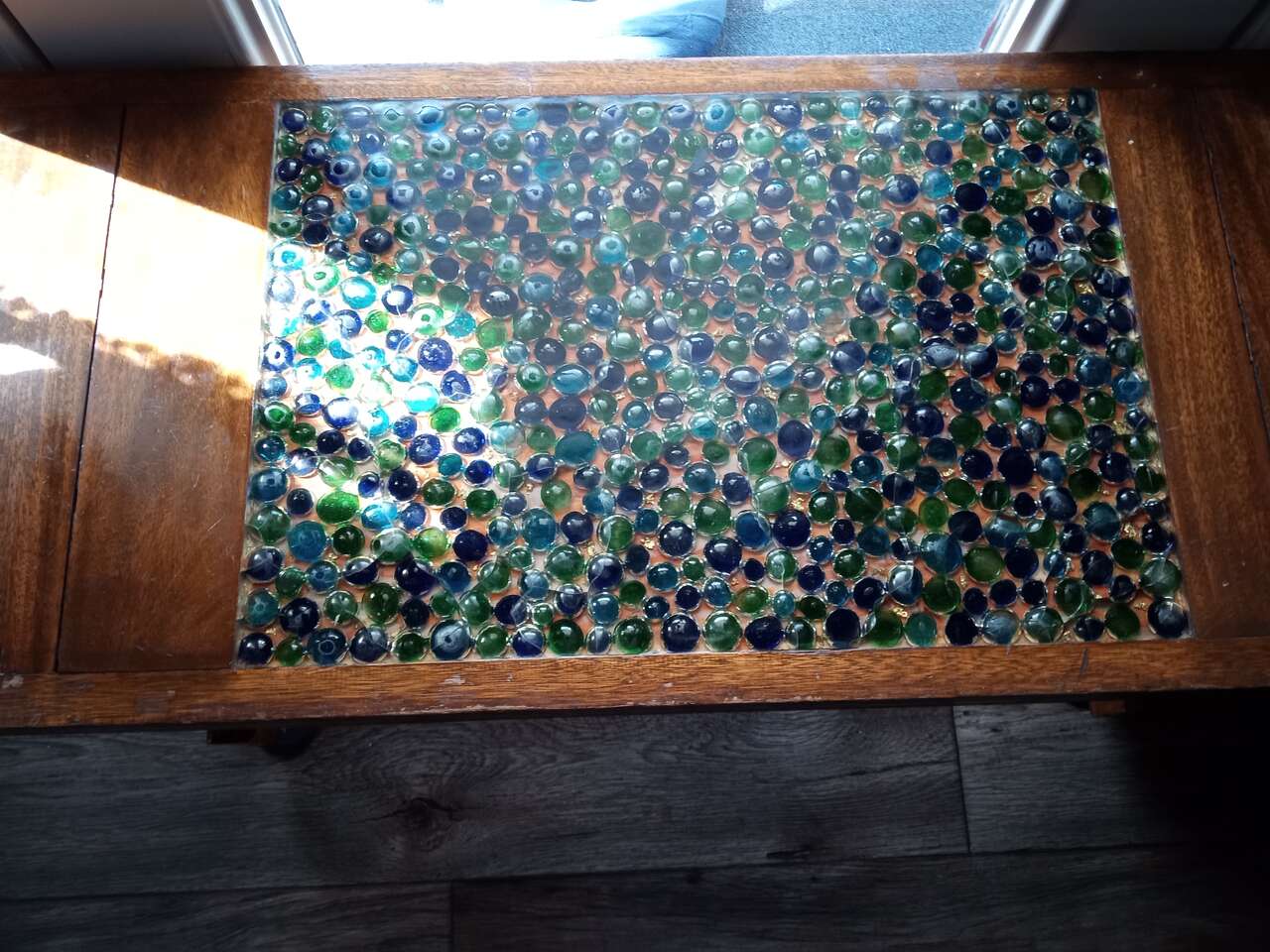 Soild wood coffee or sofa table mid century mosaic with 24 K gold inlaid in 3 panels