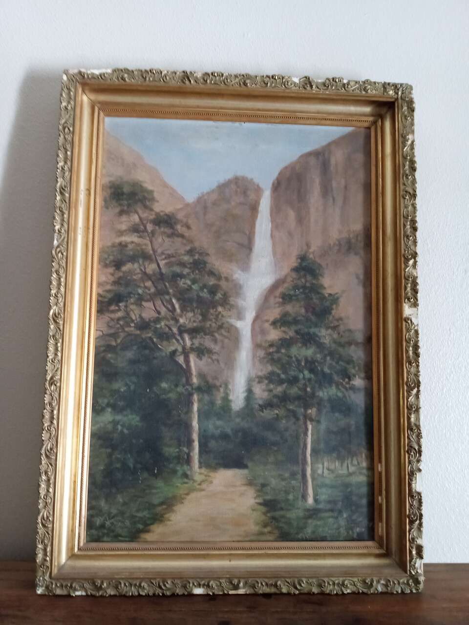 Antique American oil on canvas of Yosemite falls from long term California family painting artwork landscape fine art