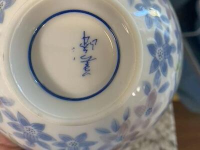 Blue, Purple, & Green Floral Porcelain Oriental Rice Bowl Set of 6