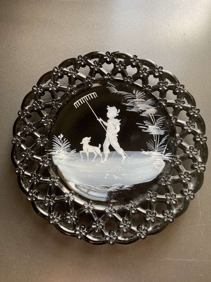 1941 Westmoreland Glass Plates painted in the Mary Gregory style.