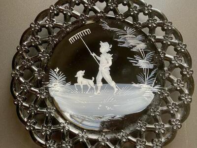 1941 Westmoreland Glass Plates painted in the Mary Gregory style.