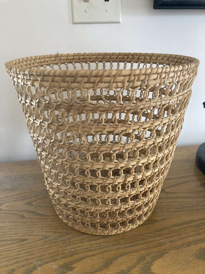 Vintage Rattan Open Weave Circle Pattern Wastebasket