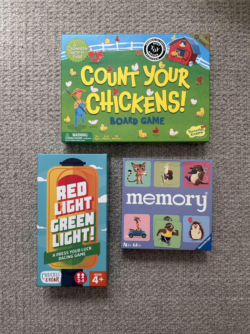(3) Childrens Board Games. Memory, Red Light Green Light, Dont Count Your Chickens