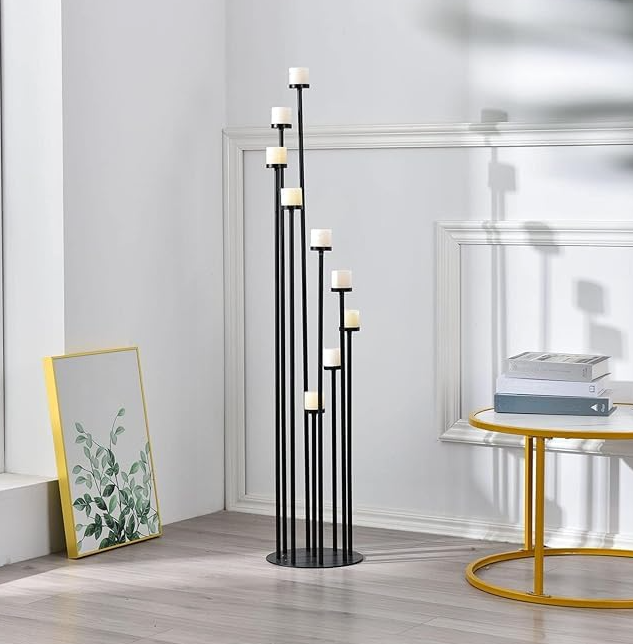 New Set of 4 Candle Holders 9 Arm Fireplace Decoration Black Metal Candle Stick Holders for Pillar Tealight Candles