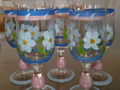 Unique Fun Vntg. Floral Handpainted Blown Stemware