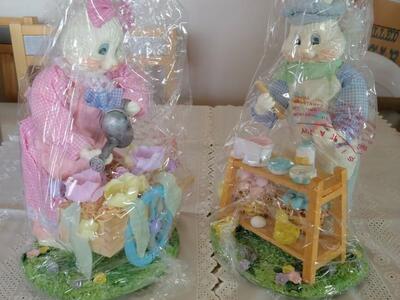 Vntg NOS Wood W/Poly Paper Mache Rabbit Figurines