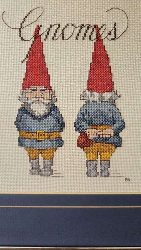 Detailed Vintage Hand Cross Stitched Gnomes
