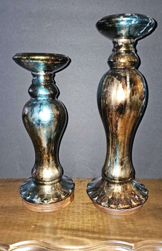 Two Tall Marbled Colored Pillar Candle Holders