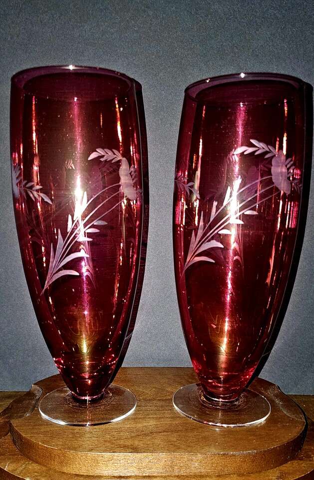2 VNTG. Mid Century Modern 10" Cranberry Vases