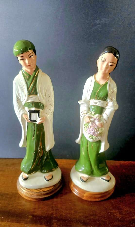 Asian 13" & 12"  Mid Century Ceramic Figurine Pair