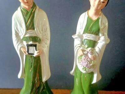 Asian 13" & 12" Mid Century Ceramic Figurine Pair