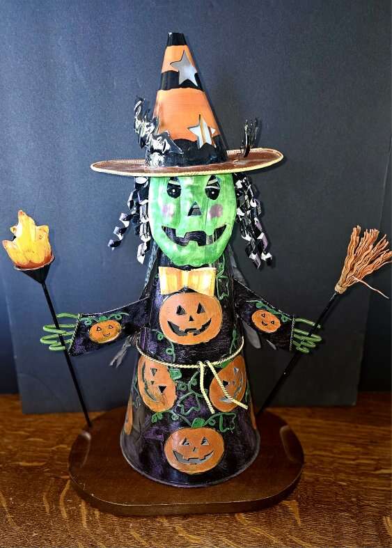 Vntg Green Faced Bobblehead Metal Candle Halloween