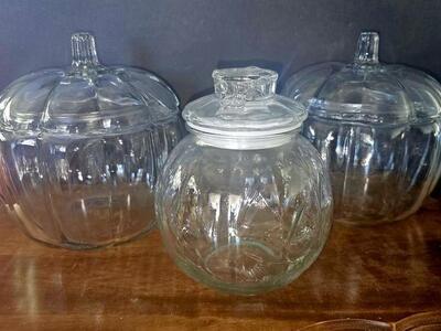 2 Large, 1 Medium Vintage Clear Glass Pumpkin Jar
