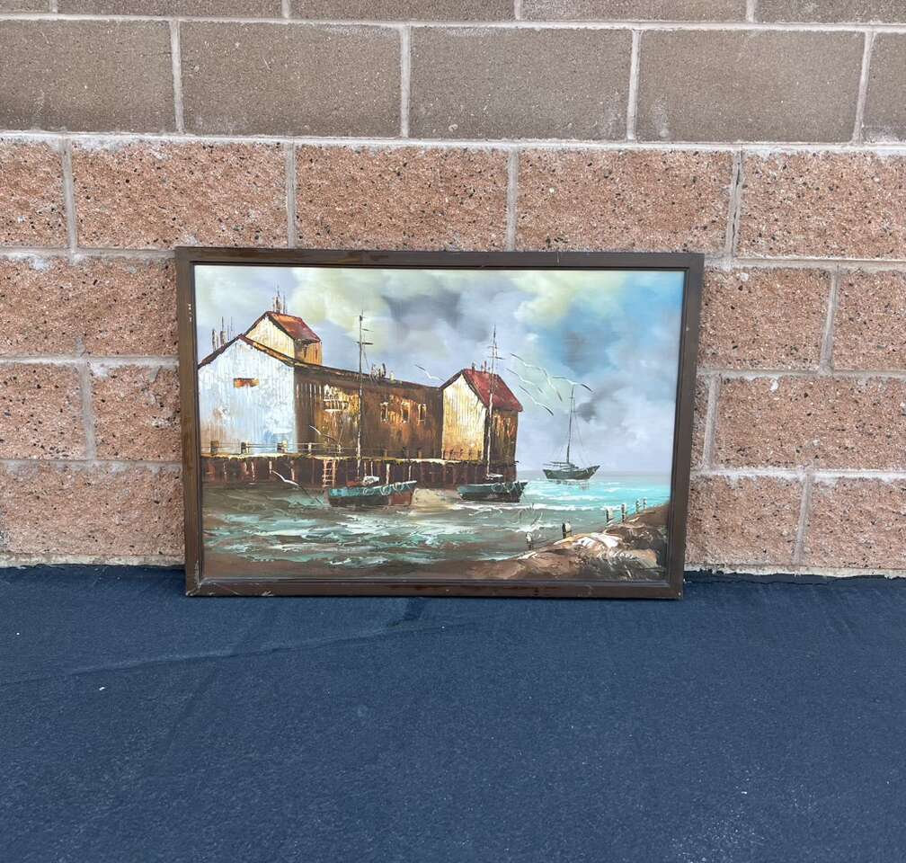 Vintage Seascape Boats Sailboat Oil Painting